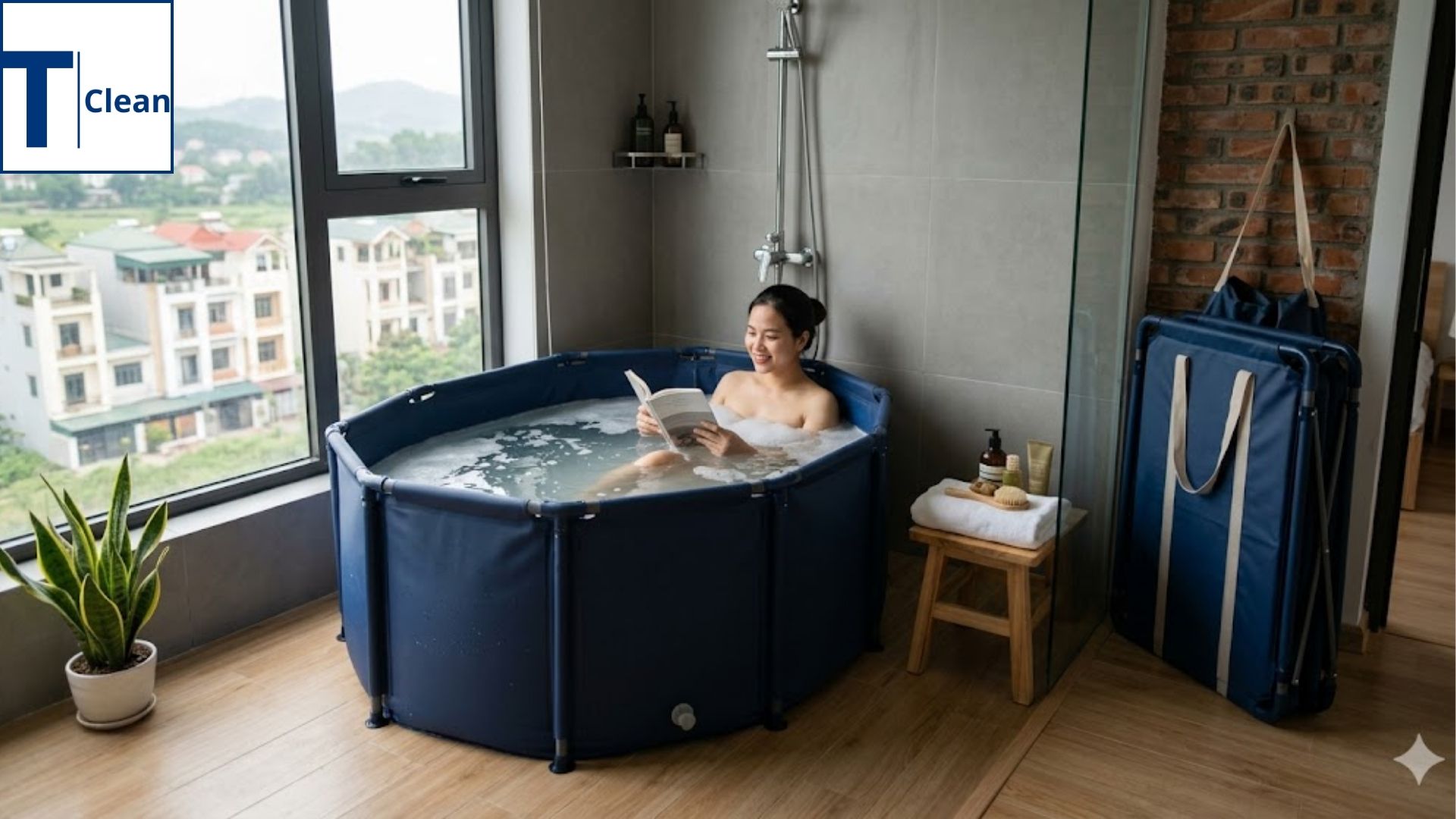 Bồn tắm di động cho người lớn đặt trong căn hộ nhỏ hiện đại, thiết kế gấp gọn tiện lợi, phong cách sống tối giản, ảnh thực tế chất lượng 4K.