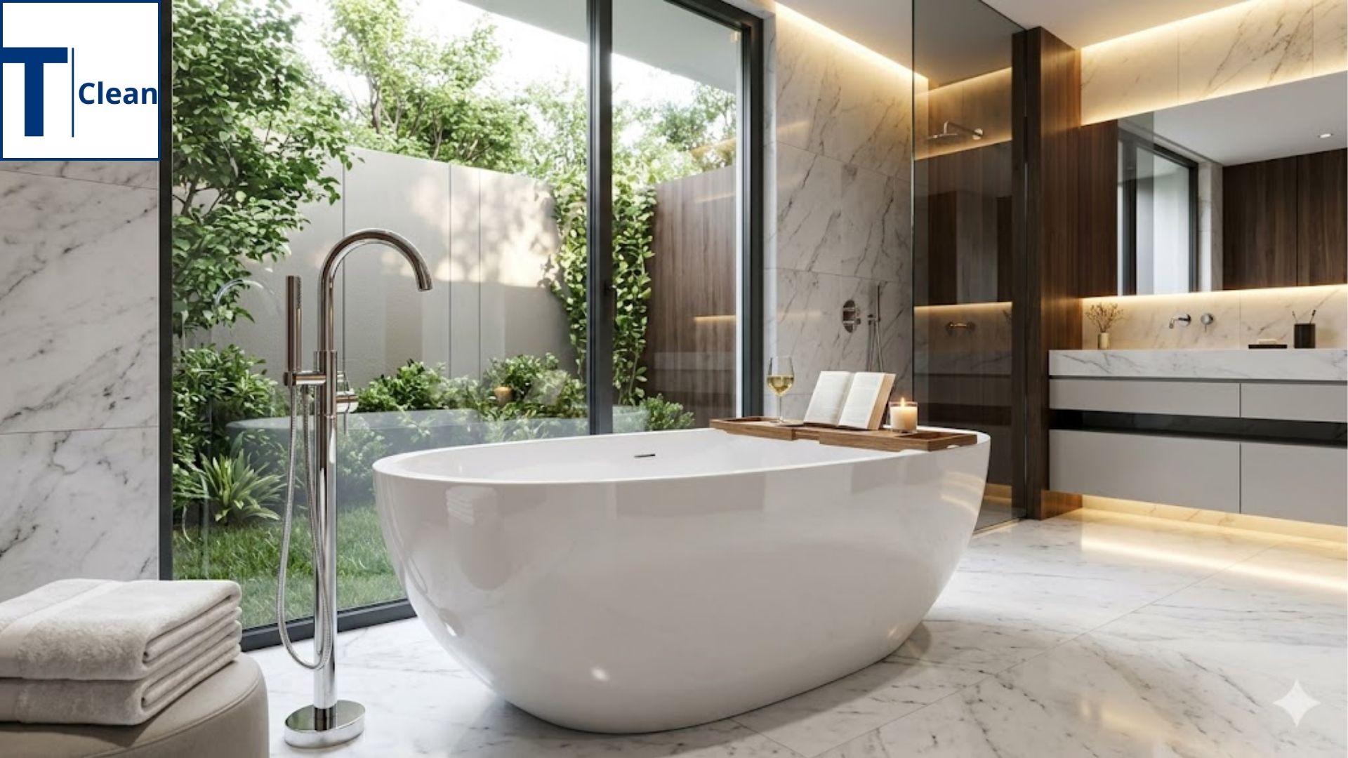 Bồn tắm nhựa Acrylic cao cấp đặt trong phòng tắm sang trọng, bề mặt trắng bóng, nội thất hiện đại, ánh sáng tinh tế, ảnh thực tế siêu chi tiết, chất lượng 4K.