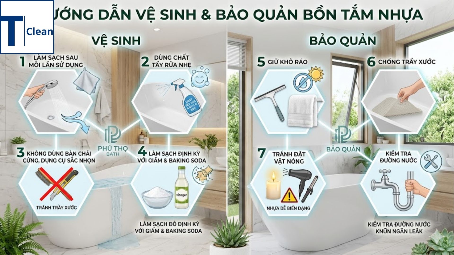 Hướng dẫn vệ sinh và bảo quản bồn tắm nhựa, không gian sạch sẽ và hiện đại.