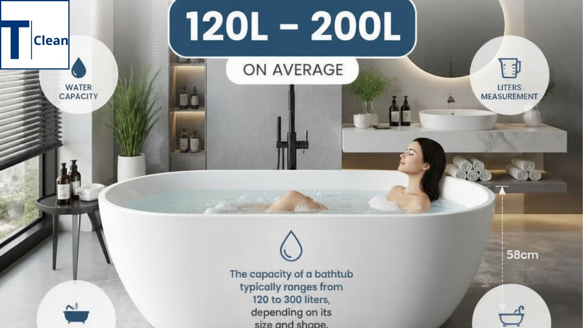 cận cảnh người lớn đang ngâm mình trong bồn tắm bằng nhựa cho người lớn, không gian spa thư giãn, hiển thị infographic lượng nước sử dụng