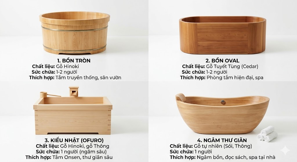 Các kiểu dáng bồn tắm gỗ phổ biến hiện nay