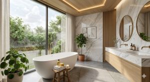 Bồn tắm nằm hiện đại trong phòng tắm cao cấp
