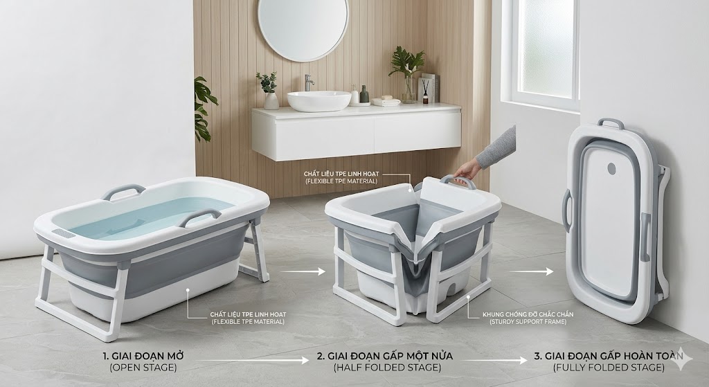 Cách gấp gọn bồn tắm di động tiện lợi
