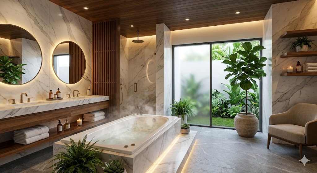 Bồn tắm massage trong không gian spa tại gia.
