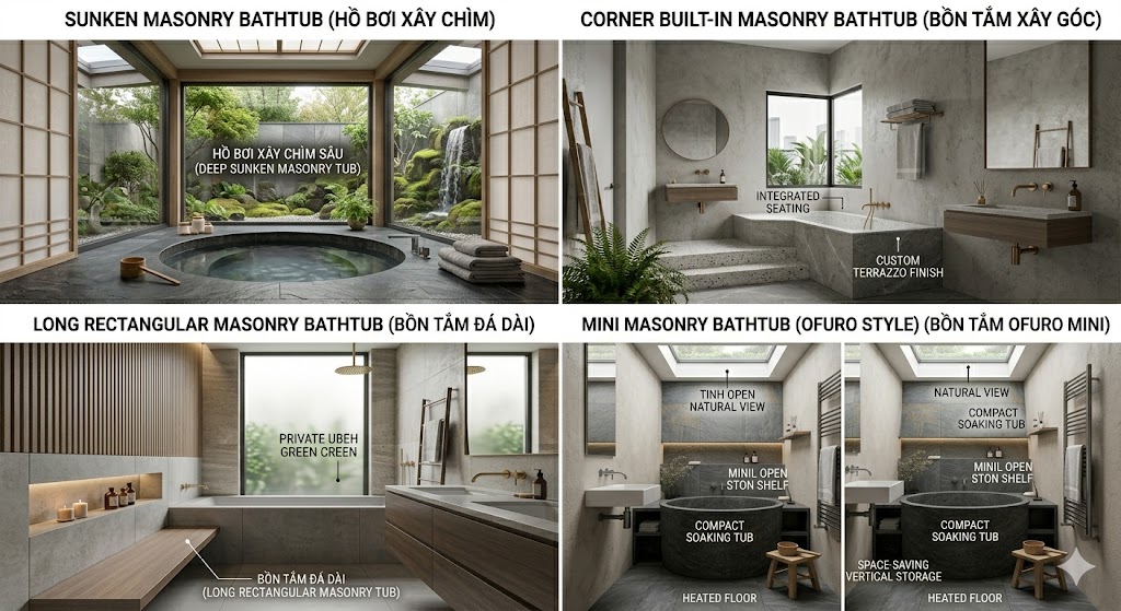 Các mẫu bồn tắm xây âm sàn góc và mini
