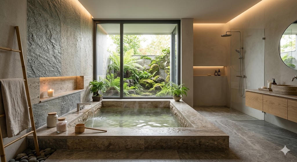 Bồn tắm xây hiện đại trong phòng tắm sang trọng