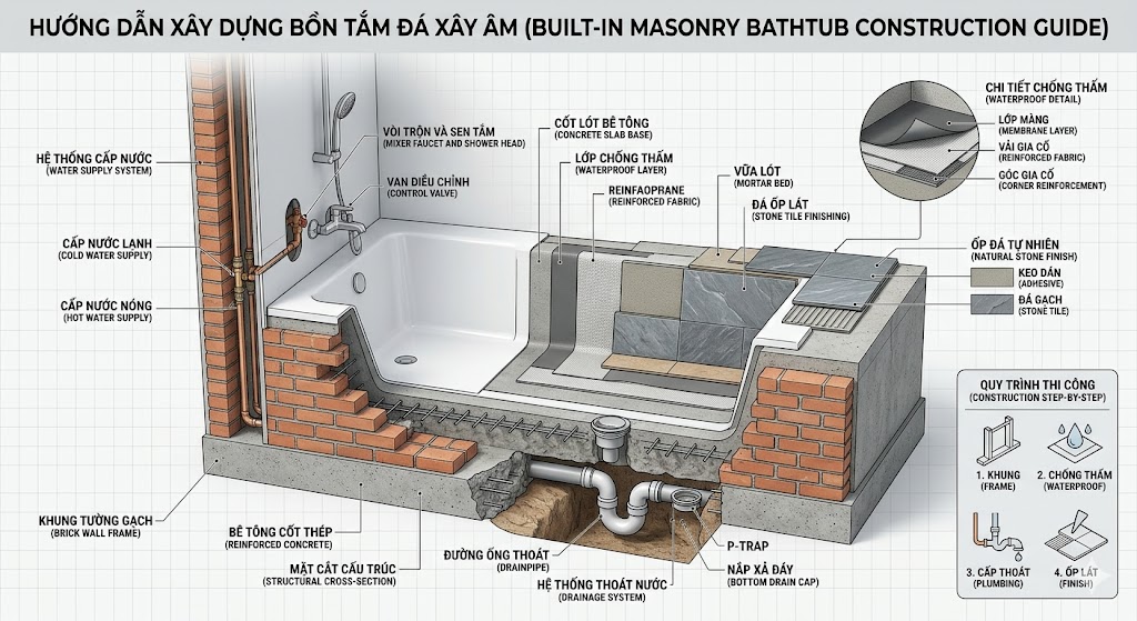 Cấu tạo bồn tắm xây bằng gạch và đá hoàn thiện